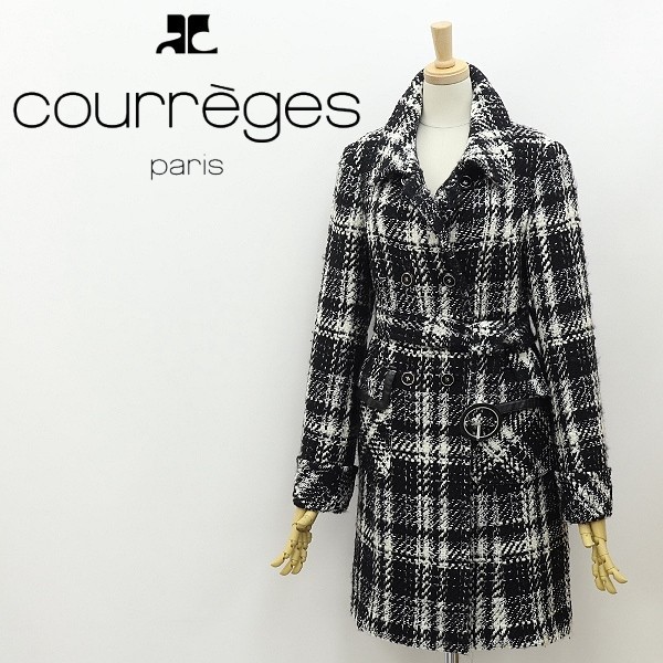 *Courreges Courreges в клетку шерсть вязаный твид bell tedo двойной пальто "теплый" белый × черный 38