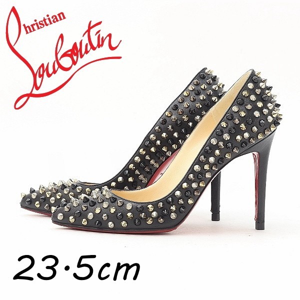 ◆Christian Louboutin クリスチャン ルブタン レザー スタッズ スパイク ポインテッドトゥ ハイヒール パンプス 黒 ブラック 37_画像1