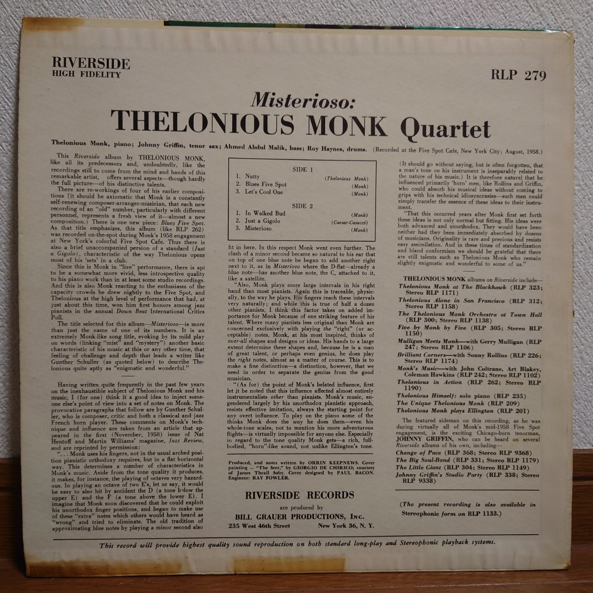 Thelonious Monk Quartet Misterioso 青小 深溝 DG セロニアス・モンク US盤_画像2