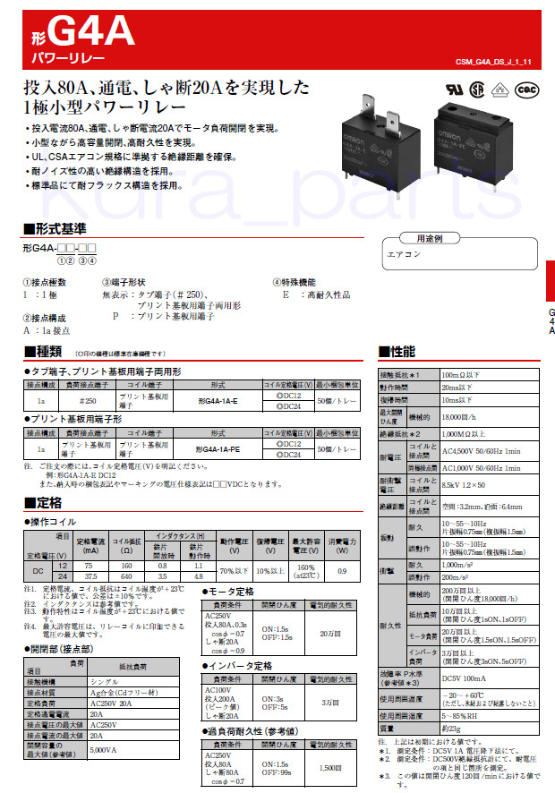 オムロン　DC12V用　パワーリレー　Ｇ４Ａ－１Ａ－ＰＥ　定格接点容量(AC)：20A/250V　高耐久性品　投入80A、通電、しゃ断20A　1極 リレー