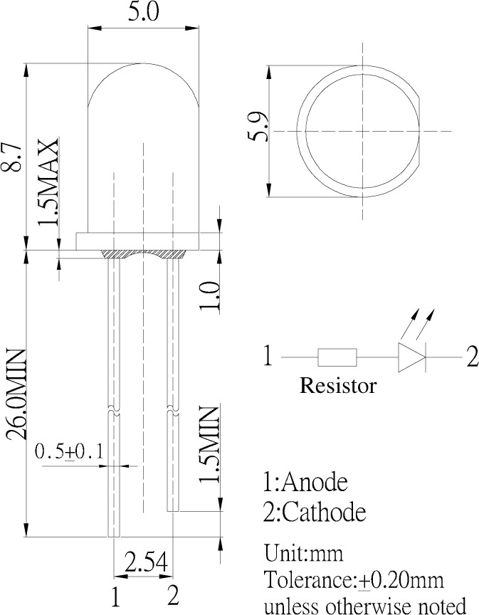 １２Ｖ （５ＶでもＯＫ） 直接接続用 赤 LED ５ｍｍ ５個セット 抵抗内蔵 ５ｍｍＬＥＤ　１２Ｖ　赤色 抵抗内蔵で１２Ｖ直接接続できます_画像4