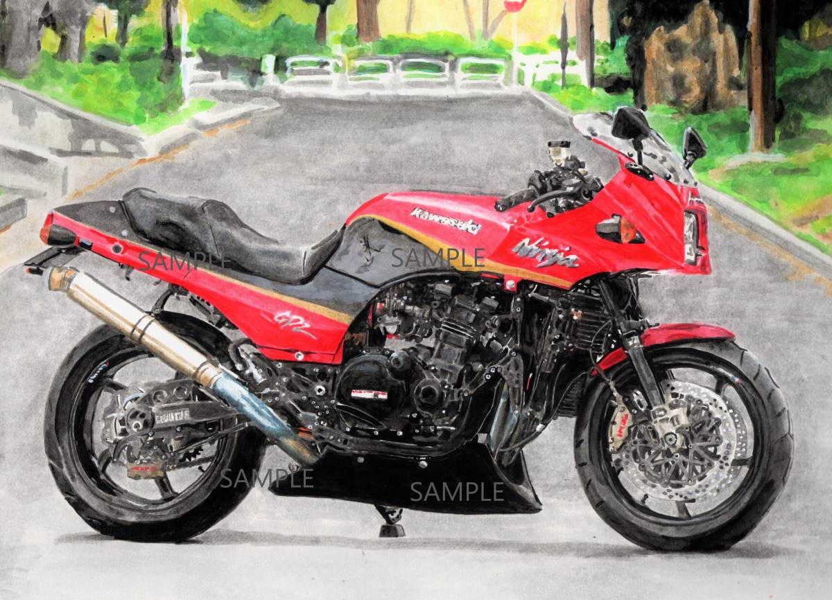 Ａ４プリントです カワサキ GPZ900Rニンジャ 水彩画 バイクイラスト   の画像1