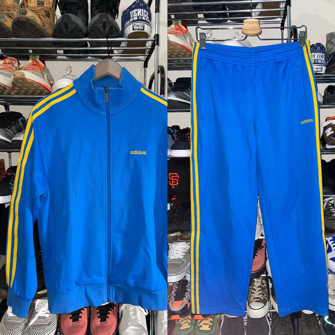 00s Y2K 万国旗タグ アディダス トラックジャケット トラックパンツ セットアップ L adidas 青 黄 3本ライン ジャージ 上下セット 常田大希