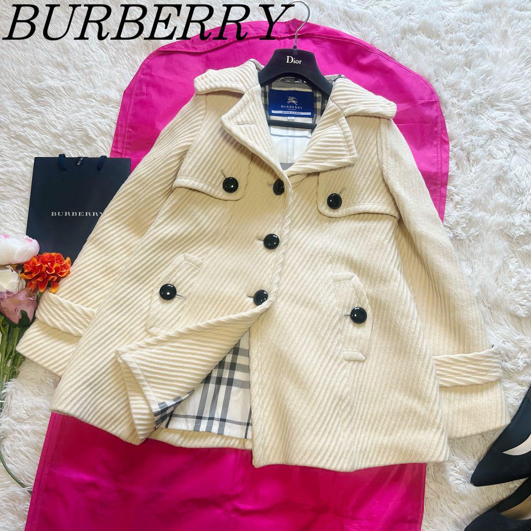 【良品】BURBERRY BLUE LABEL ミドル丈コート 38 オフホワイト M 白 Aライン バーバリーブルーレーベル