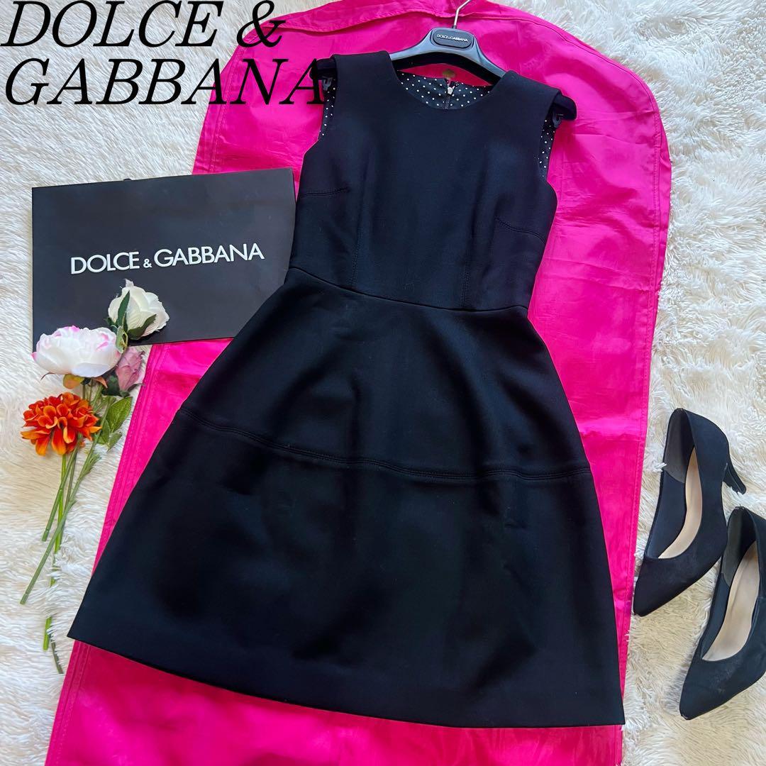 【美品】DOLCE&GABBANA 膝丈ワンピース ノースリーブ フレア 38 ドルチェアンドガッバーナ 黒 ブラック ドット バルーンスカート