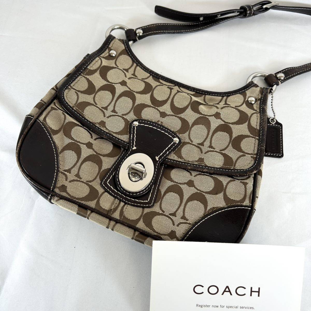 【希少】1円〜 COACH コーチ F13791 シグネチャー キャンバス ターンロック クロスボディ ショルダーバッグ ブラウン系_画像1