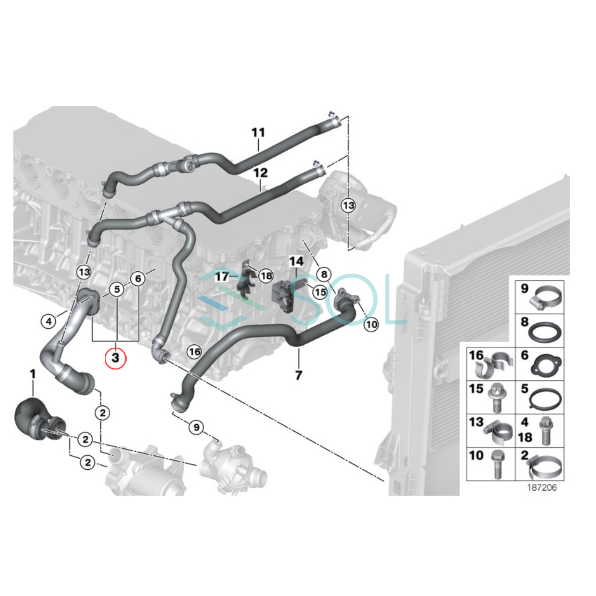 BMW E87 E90 E91 E92 ウォーターホース リペア用(ウォーターポンプ～シリンダーヘッド) 130i 323i 325i 325xi 330i 330xi 11537516414_画像2