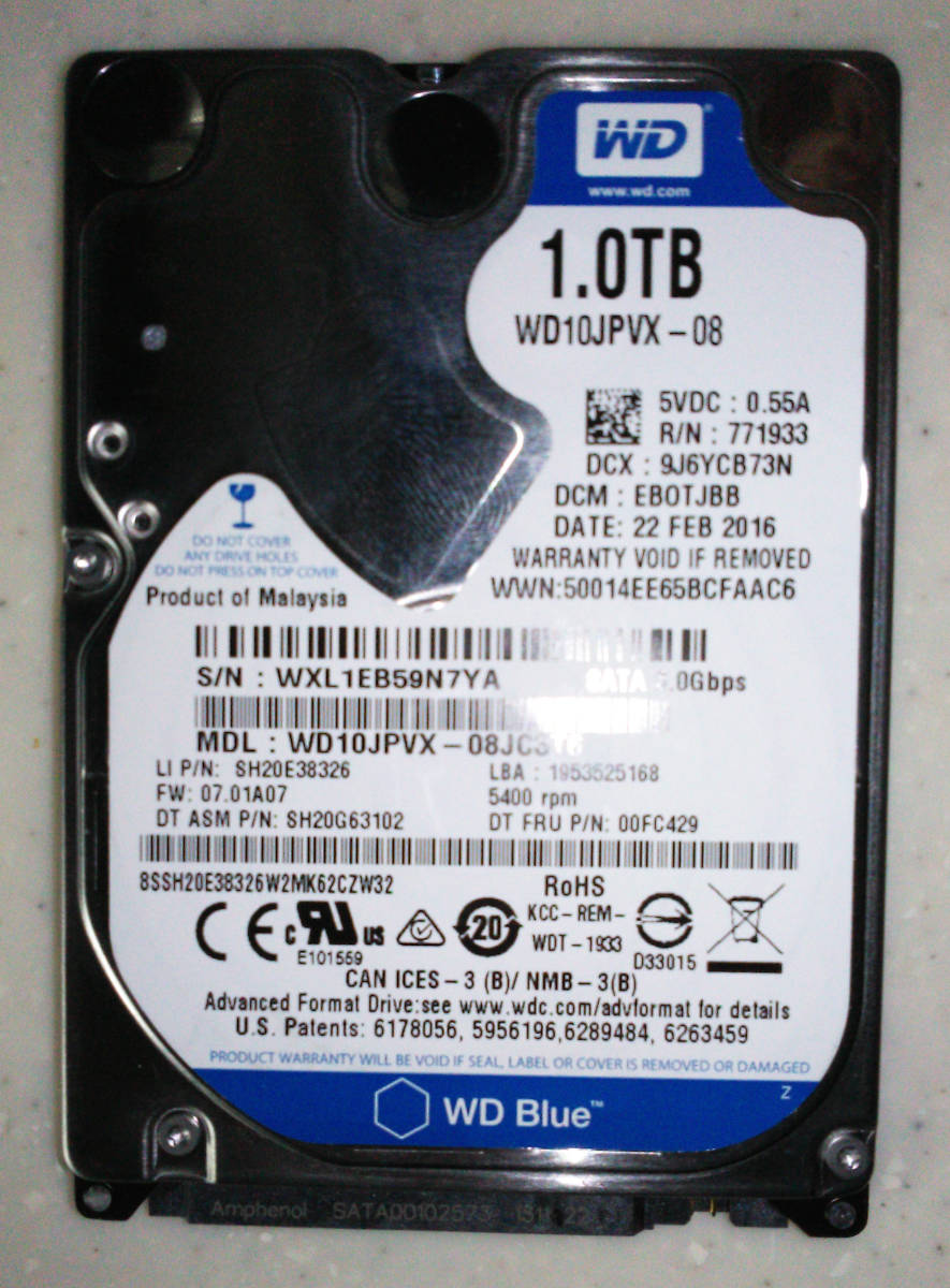 WD Western Digital 2.5インチ HDD 1TB SATA SATA600 6Gbps 9.5mm厚 中古 正常品_画像1