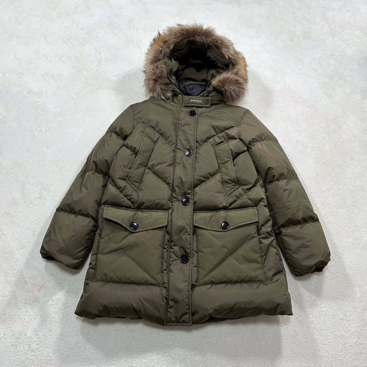 現行タグ WOOLRICH LOGO PARKA DF XS ウールリッチ ロゴ パーカー ダウンコート ファー付きWWCPS2789 ファー取外可 カーキ ダブルジップ_画像1