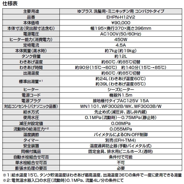 LIXIL　リクシル　電気温水器　ゆプラス　タンク容量12リットル　2温度切替可能タイプ　EHPN-H12V2_画像4