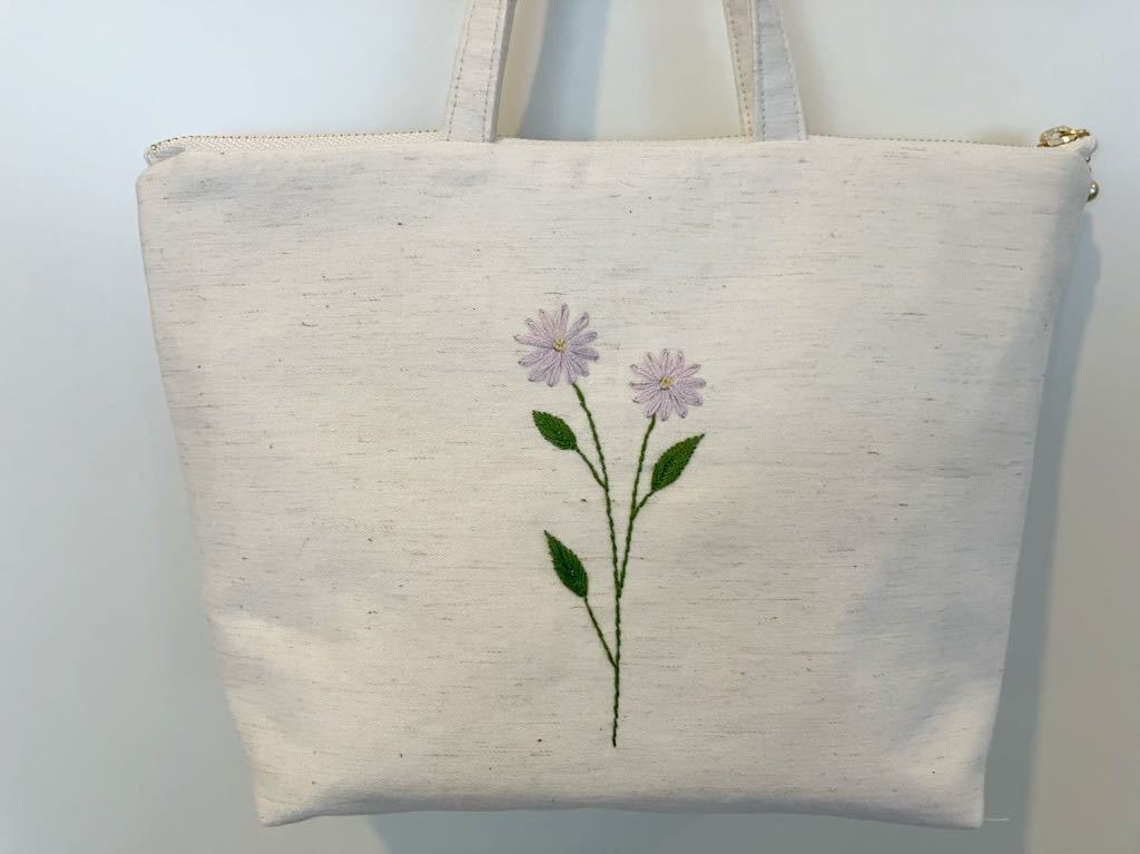 両面刺繍handmade野花の手刺繍 ファスナートートバッグ(内布グリーン系)ハンドメイド　コットンリネン　プレゼント　花柄刺しゅう_画像9