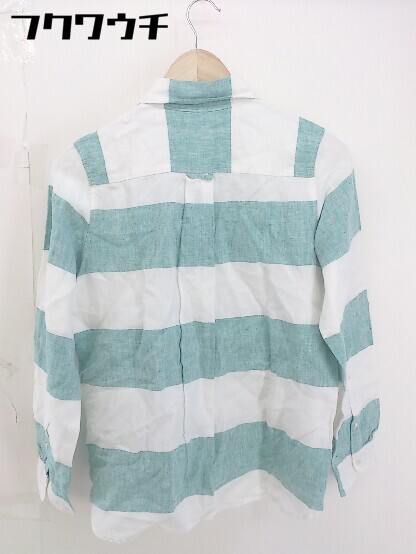 * RNAa-ruene-linen100% futoshi border long sleeve shirt size M white green group lady's 