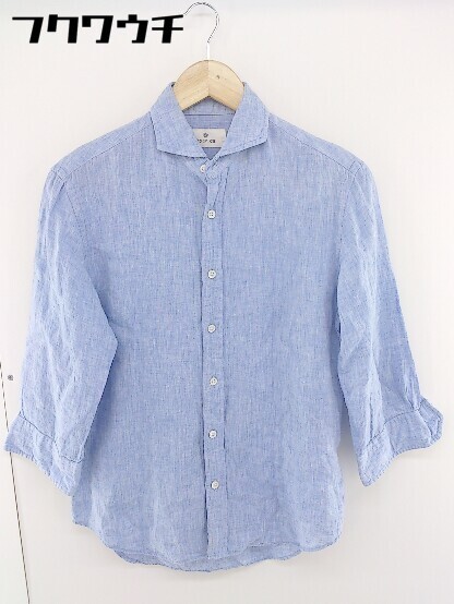 ◇ EDIFICE エディフィス リネン100% 七分袖 シャツ サイズ44 ライトブルー メンズ_画像1