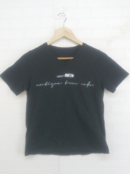 ◇ antiqua tree caf? Vネック ロゴ プリント 半袖 Tシャツ サイズF ブラック レディース P_画像1