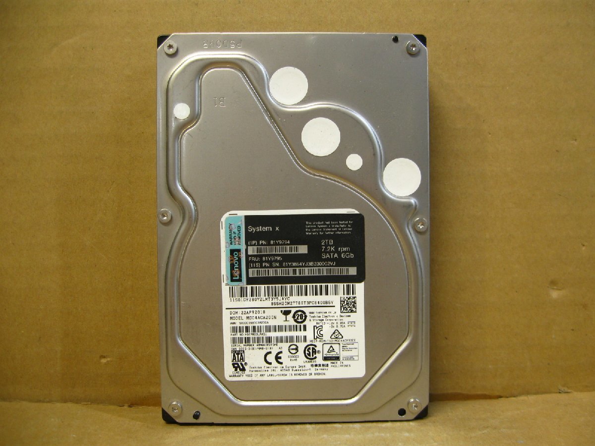 ▽TOSHIBA MG04ACA200N 2TB SATA 7200rpm 128MB 3.5型 内蔵HDD 中古 東芝 Lenovo 81Y3864 81Y9795 81Y9794 System X_画像1