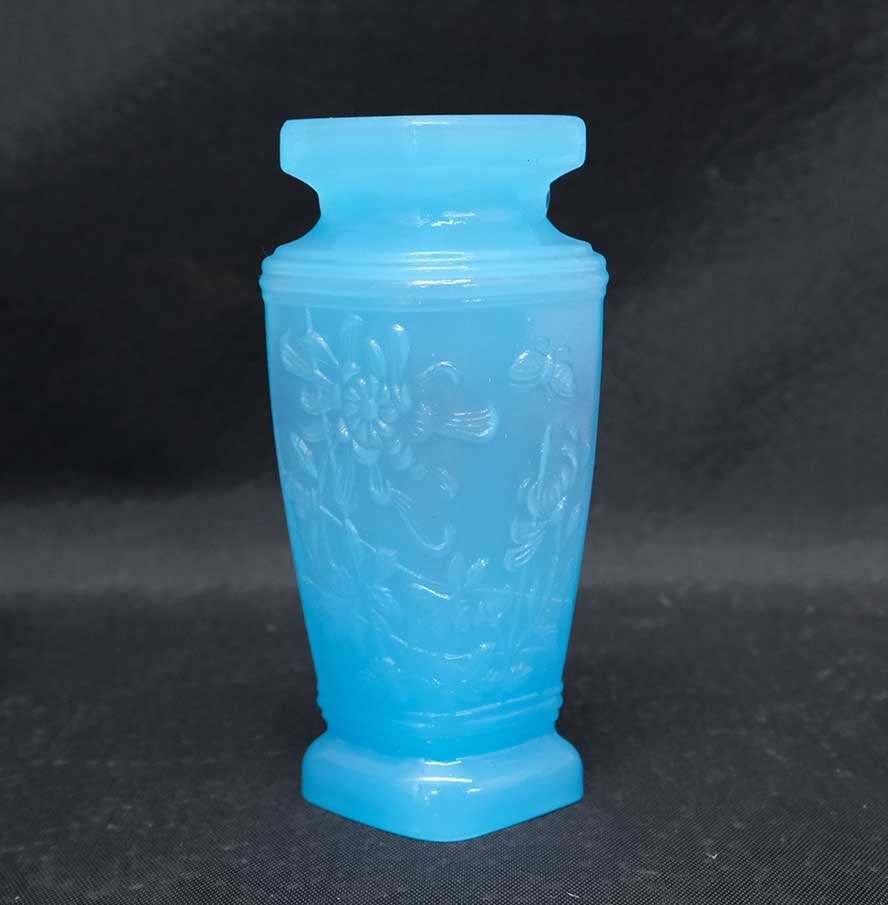 【慈光】2705 練りガラス　花瓶　一輪挿し　花紋様　　青色ガラス　当時物_画像3