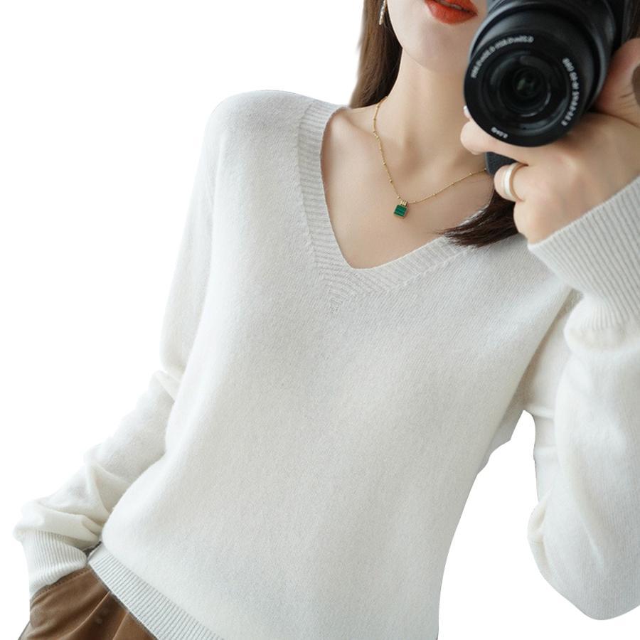 Vネックセーター XLサイズ ホワイト レディース プルオーバー 無地 ウールセーター ニット 薄手_画像1
