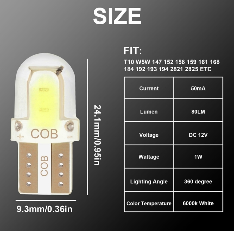 20個セット T10 COB LED ホワイト キャンセラー内蔵 ウェッジ球 スモール ポジション ルームランプ ナンバー灯 4COB /c2_画像4