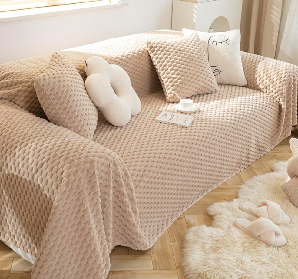 [180cm×230cm, light brown ] multi cover sofa cover bedcover warm waffle soft ....