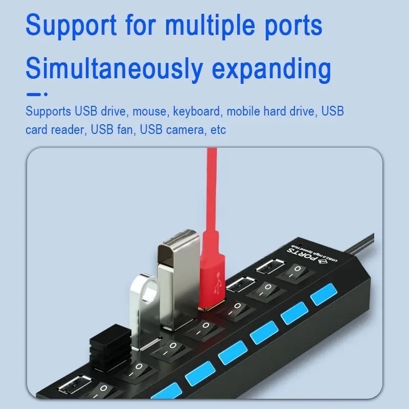 USBハブ 7ポート 480MBps伝送 LEDライト搭載 USB2.0 高速データ転送 独立・個別スイッチ付 セルフパワー式 バスパワー o_画像3