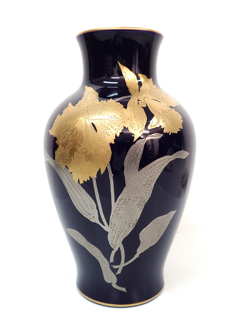 6MC 大倉陶園 瑠璃金蝕 カトレア 高さ28㎝ 花瓶 フラワーベース 皇室