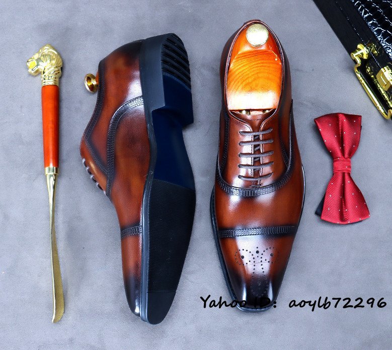 人気新品 メンズ シューズ ビジネスシューズ 職人手作り 本革 レザーシューズ イギリス風 高級 フォーマル 彫り 革靴 ブラウン 27cm