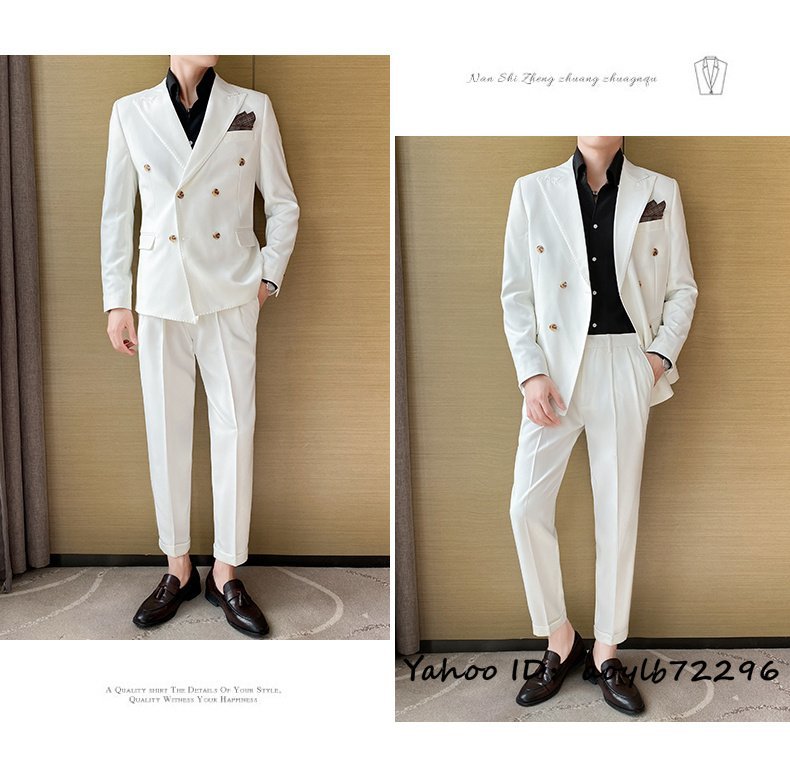 新品■スーツセット ビジネススーツ メンズ ダブルスーツ 上下セット シングルスーツ 高級 無地 スリム 二つボタン 紳士 結婚式 白 XL_画像5