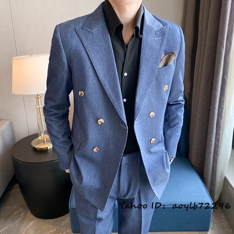 新品■スーツセット ビジネススーツ メンズ ダブルスーツ 上下セット シングルスーツ 高級 無地 スリム 二つボタン 紳士 結婚式 ブルー XL