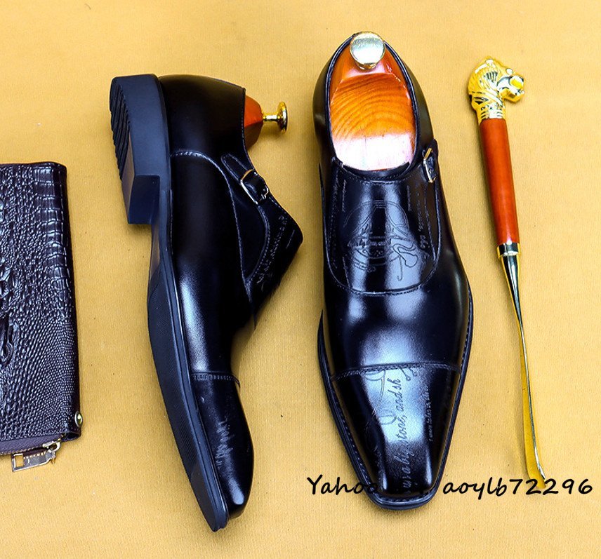 定価５万◆メンズ ビジネスシューズ 職人手作り 個性 本革 レザーシューズ 牛革 モンクストラップ 紳士靴 フォーマル ブラック 24.5cm