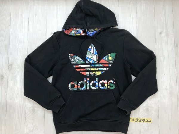 ADIDAS アディダス メンズ カラフルロゴプリント スウェットパーカー 小さいサイズ XS 黒_画像1