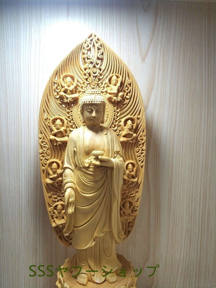木彫仏像 阿彌陀佛 仏教美術 木造阿弥陀如来立像 蓮華丸台座 総高43cm_画像2