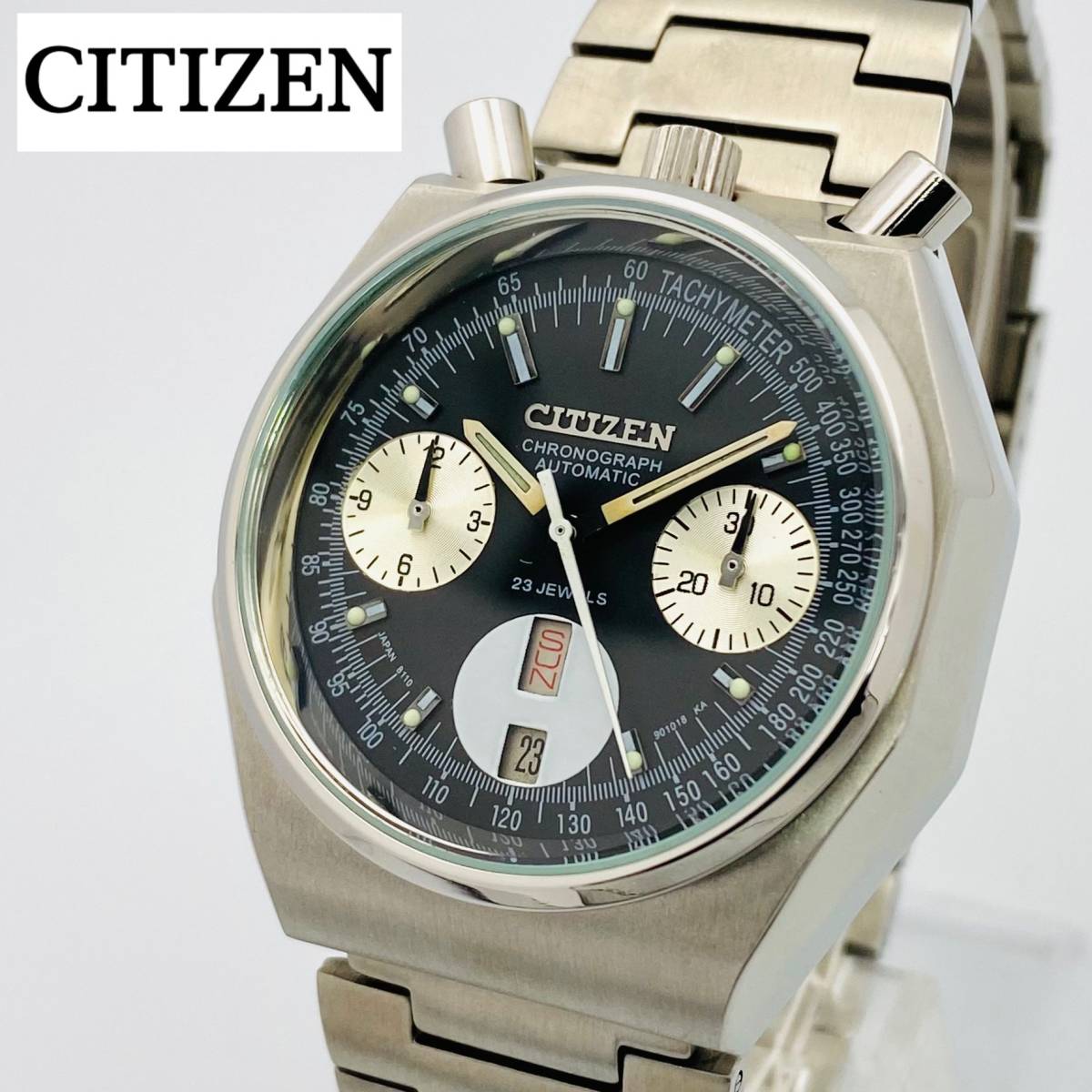 極希少◆CITIZEN シチズン チャレンジタイマー 8110 ツノクロノ 自動巻 クロノグラフ/ブルヘッド/オクタゴン/ヴィンテージ/メンズ腕時計/黒_画像1