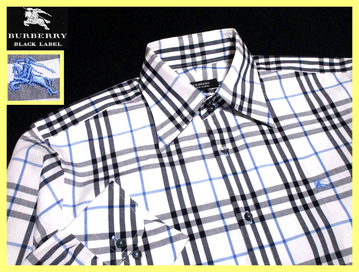 極美品 バーバリーブラックレーベル ライトブルーホース刺繍 ノバチェック総柄 ボタンダウンシャツ サイズ M(2)