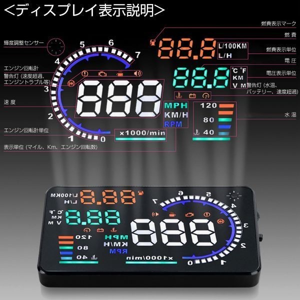 HUD ヘッドアップディスプレイ A8 OBD2 5.5インチ 大画面 カラフル 車載スピードメーター フロントガラス 6ヶ月保証「HUD-A8-OBD.B」_画像6