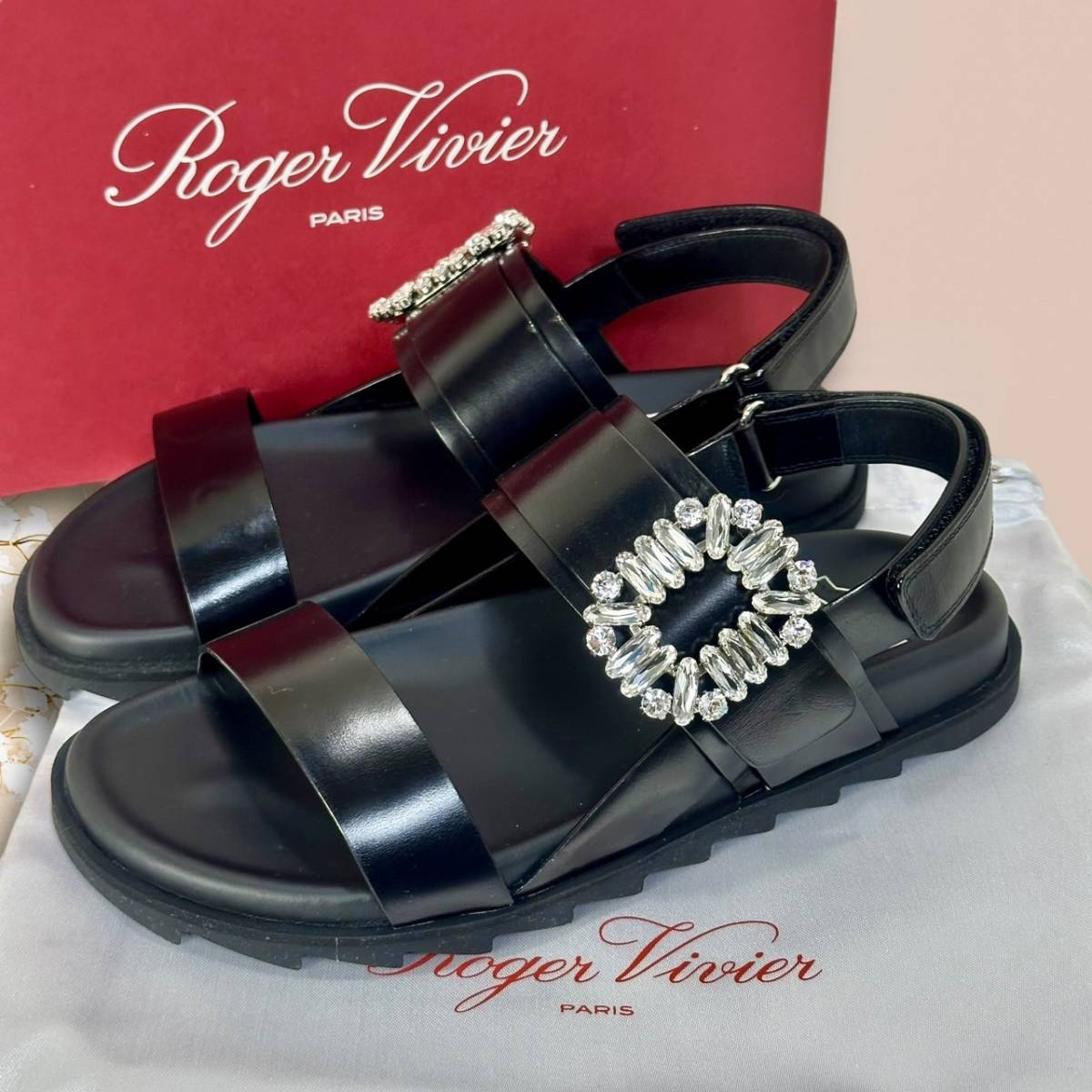 19万☆現行品☆Roger Vivier ロジェヴィヴィエ スライディー ヴィヴ サンダル クリスタル 35/22cm 黒 ブラック ストラス バックル ビジュー_画像1