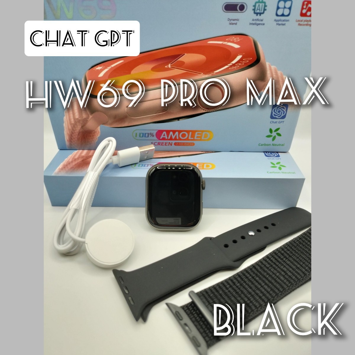 ☆Chat GPT☆【着信】スマートウォッチ(ブラック)HW69 PRO MAX 日本語対応 ワイヤレス充電