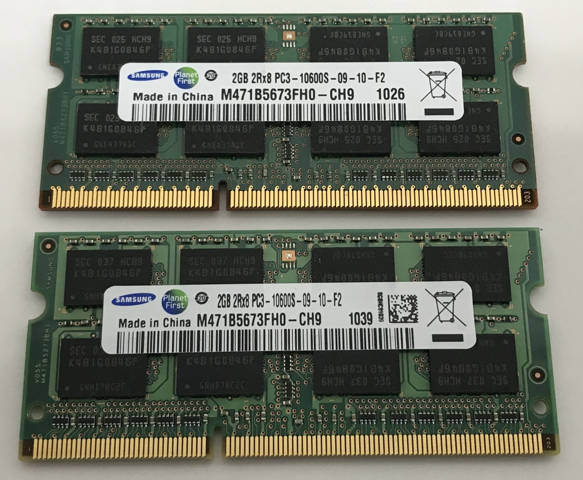 SAMSUNG 2RX8 PC3-10600S 2GB 2枚 4GB DDR3ノートPC用 メモリ DDR3-1333 2GB 2枚 4GB DDR3 204ピン ECC無し DDR3 LAPTOP RAM_画像1