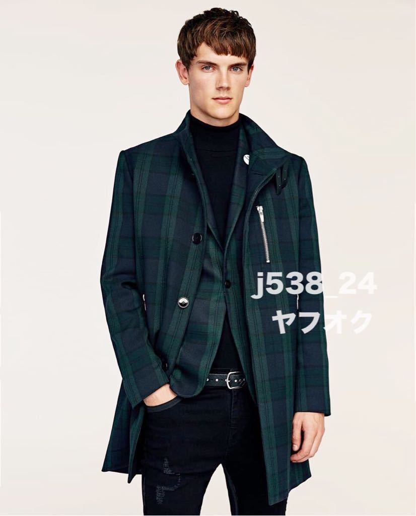 半額以下 ZARA MAN ストレッチ ブリティッシュ タータン チェック コート メンズ M 40 ロング チェスターコート グリーン ジャケット 緑_画像1