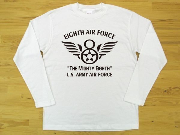 8th AIR FORCE 白 5.6oz 長袖Tシャツ 黒 L ミリタリー U.S. ARMY AIR FORCE the mighty eighth_白（黒色プリント）
