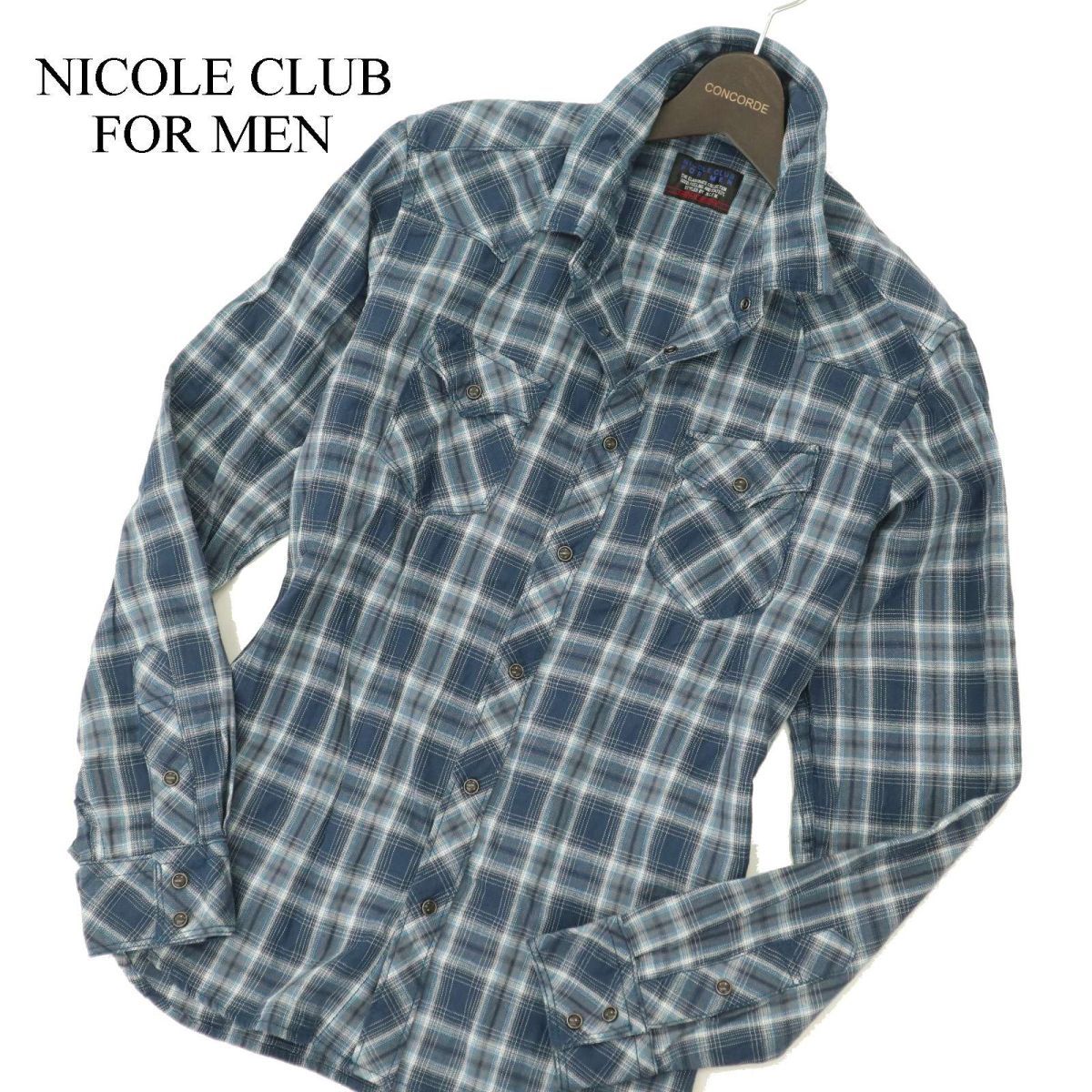 NICOLE CLUB FOR MEN ニコルクラブ フォーメン 通年 長袖 襟ワイヤー★ ウエスタン チェック シャツ Sz.46 メンズ C3T11114_C#Cの画像1