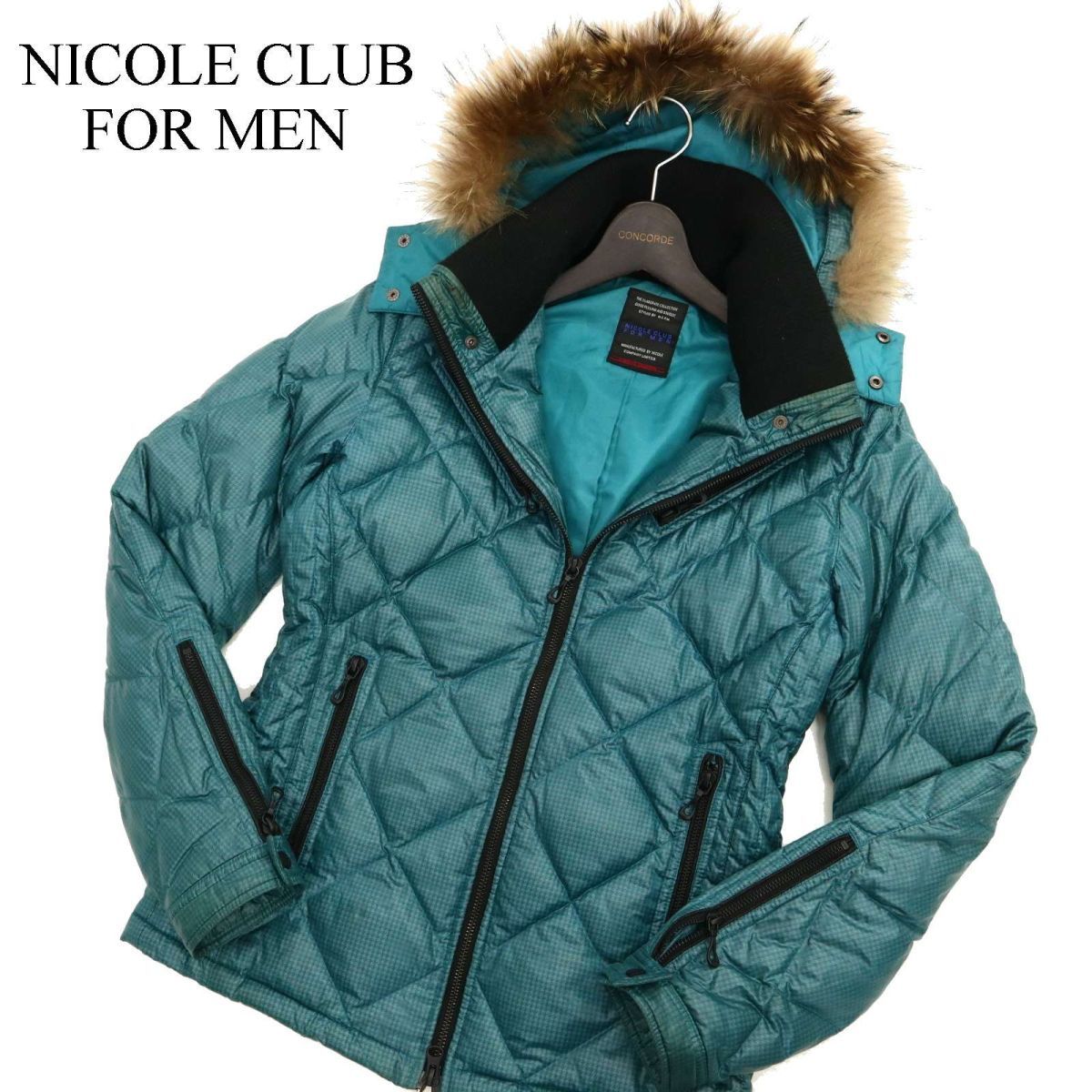 NICOLE CLUB FOR MEN ニコルクラブ フォーメン リアルファー★ フード着脱可 千鳥柄 ダウン ジャケット Sz.46　メンズ　C3T11311_C#N_画像1