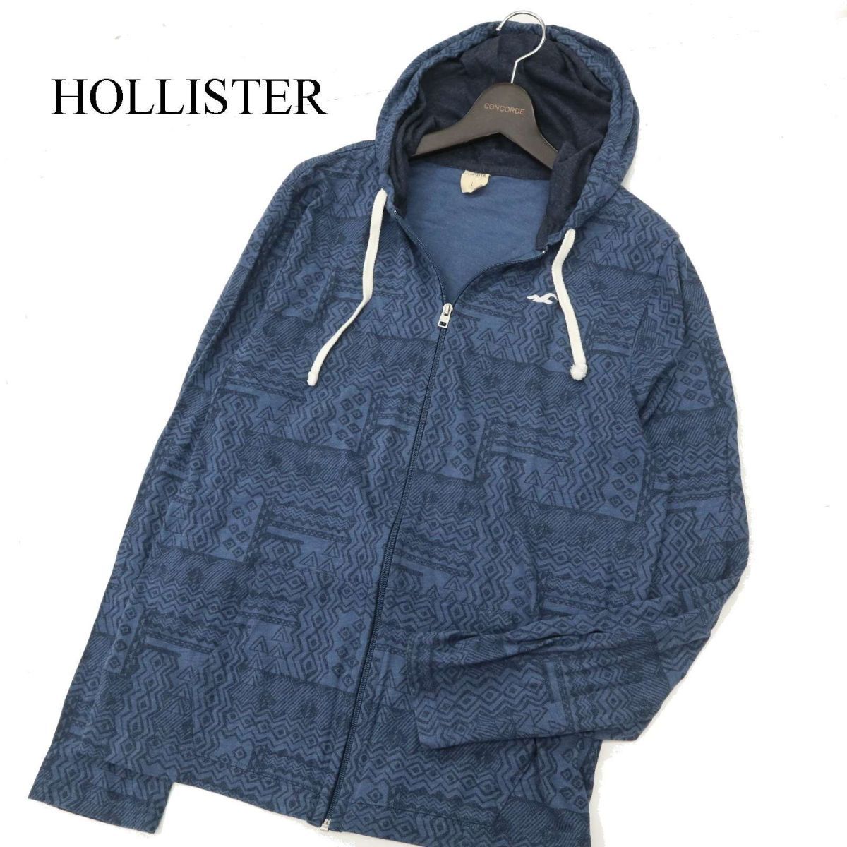 HOLLISTER ホリスター 通年 ロゴ刺繍★ 【幾何学柄 総柄 】 フルジップ フーディー パーカー Sz.L　メンズ ネイビー　C3T11737_C#O_画像1