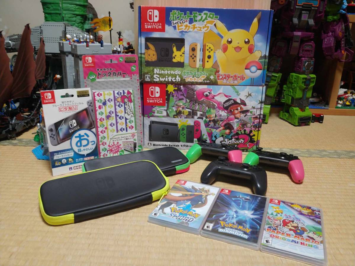 Nintendo Switch 本体 Lets Go Pikachu & Splatoon 2 Limited Edition / 海外版 3 Games / 3 Pro Controllers / 2 Cases & Accessories_画像1