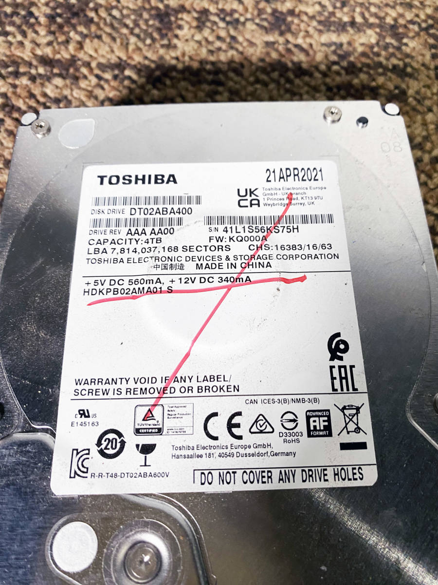 ◎★ 中古★TOSHIBA/東芝　ハードディスク　HDD　4TB　3.5インチ　PC周辺機器【DT02ABA400】CM4O_画像2