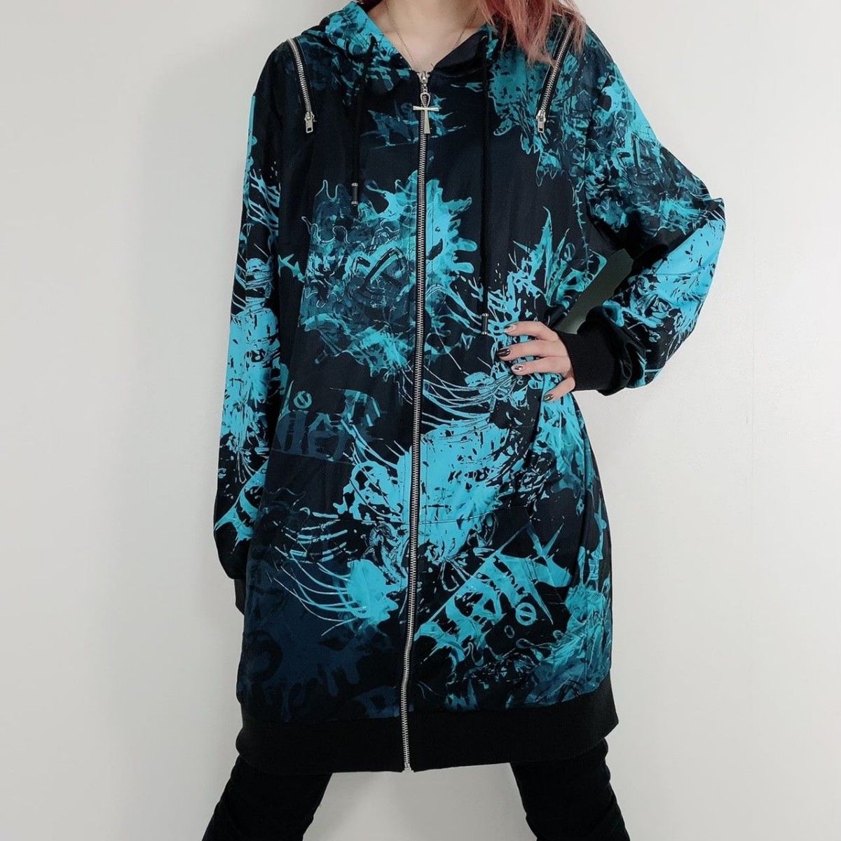 2WAY OFF-Shoulder 長袖ZIP PARKA【彼岸花(ターコイズブルー)】