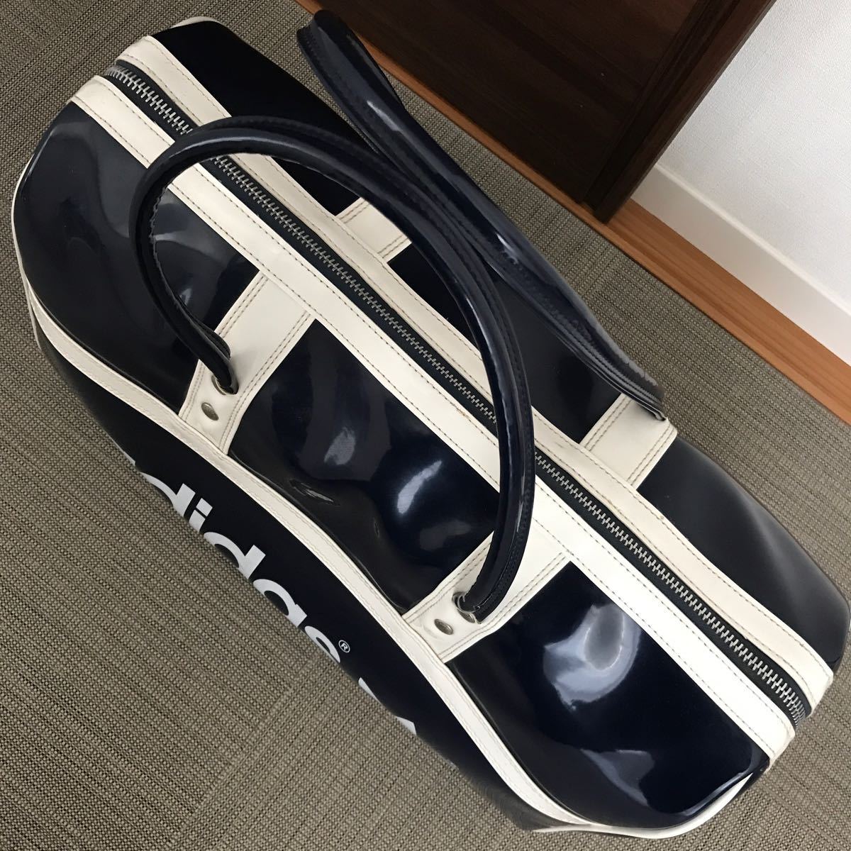 美品 70's adidas アディダス エナメル ボストンバッグ 紺/白 兼松江商 ビンテージ BOSTON BAG 日本製 ネイビー×ホワイト VINTAGE /80s_画像5