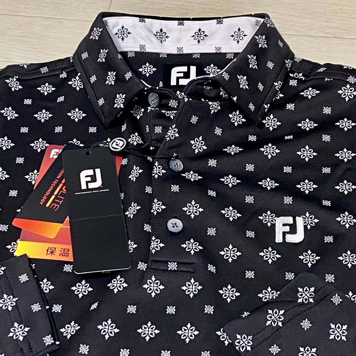 新品◆FootJoy フットジョイ タイプリント サーモライト 保温 吸汗速乾 長袖ポロシャツ/ブラック×ホワイト/サイズL/送料185円_画像1