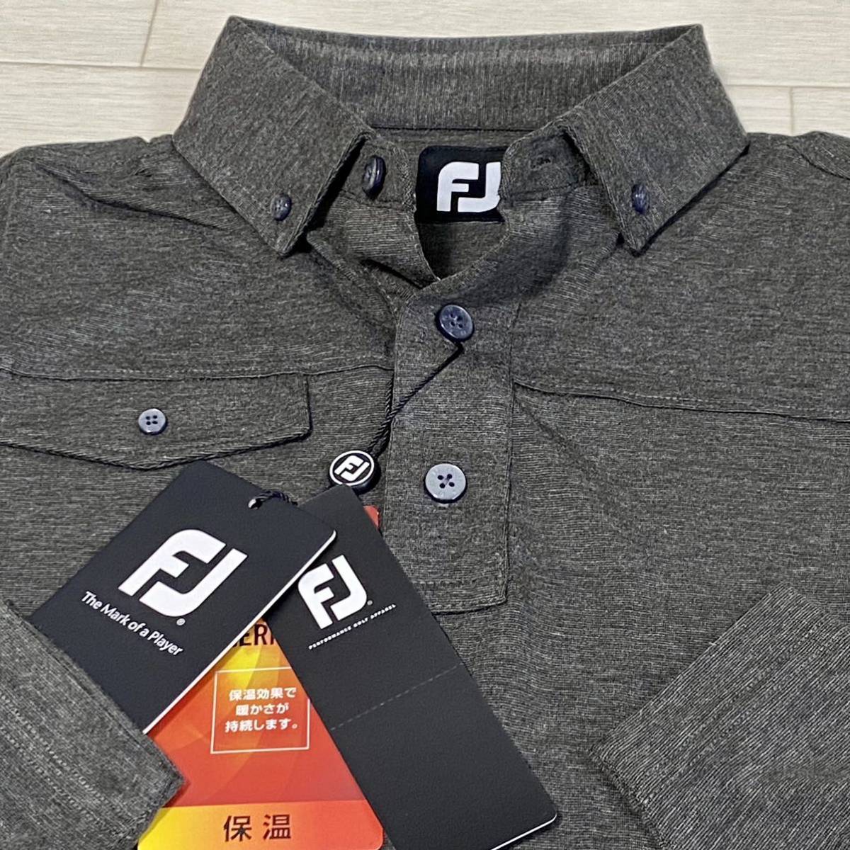 新品★フットジョイ FootJoy 胸ポケット ヒートジェネレーション 保温 長袖ボタンダウンシャツ/ヘザーチャコール/サイズL/送料185円_画像1