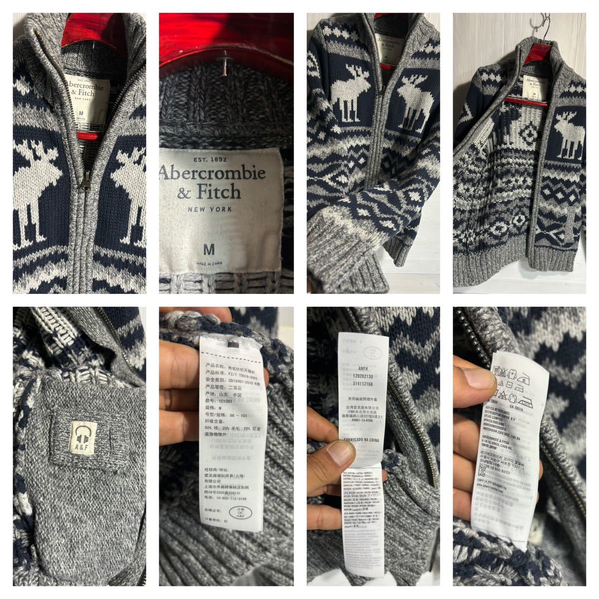 Abercrombie & Fitch NEW YORK アバクロンビー&フィッチ　トナカイ　× ダイヤ柄　フルジップ　カウチン　ニットジャケット M 霜降りグレー_画像2