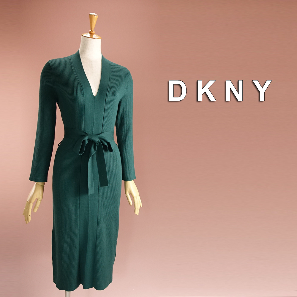 新品 DKNY 13号 ダナキャラン 緑 ニットワンピース パーティドレス 長袖 結婚式 二次会 披露宴 フォーマル お呼ばれ 女子会 輝56D0705